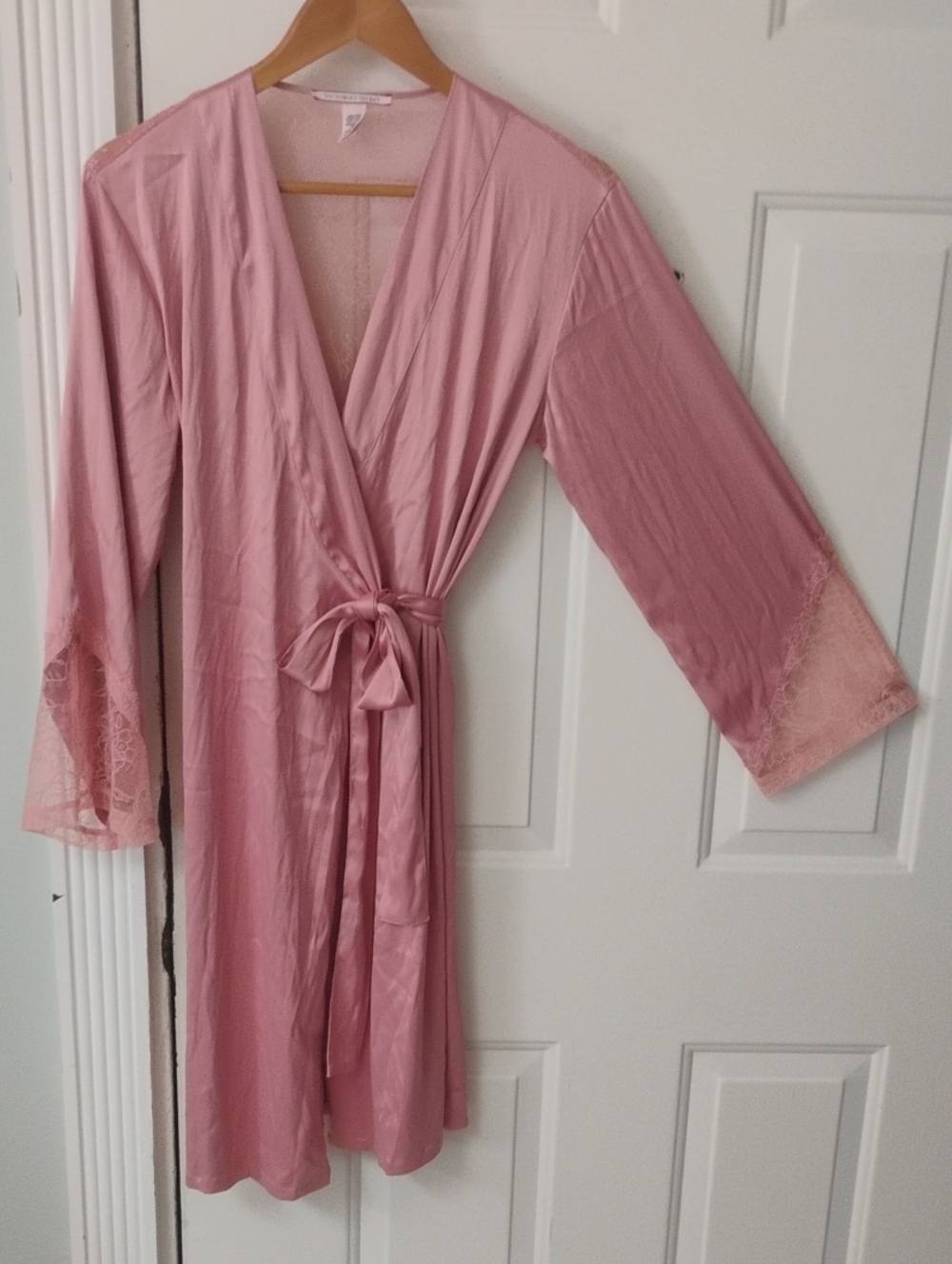 Victoria's Secret Dusty Pink Satin Lace-Trim Wrap Robe
